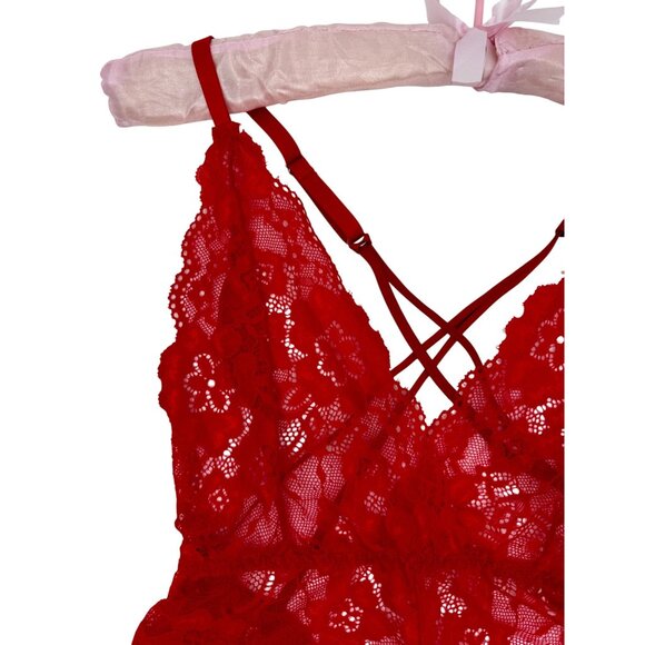 Red Lace V-Neck Strappy Back Thong Croquette Devilcore Bodysuit Lingerie - Picture 3 of 12